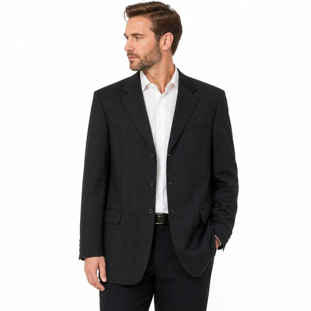 Ermenegildo Zegna Neiman Marcus Blazer Mens 44 Black Windowpane 100% Wool 3 Btn